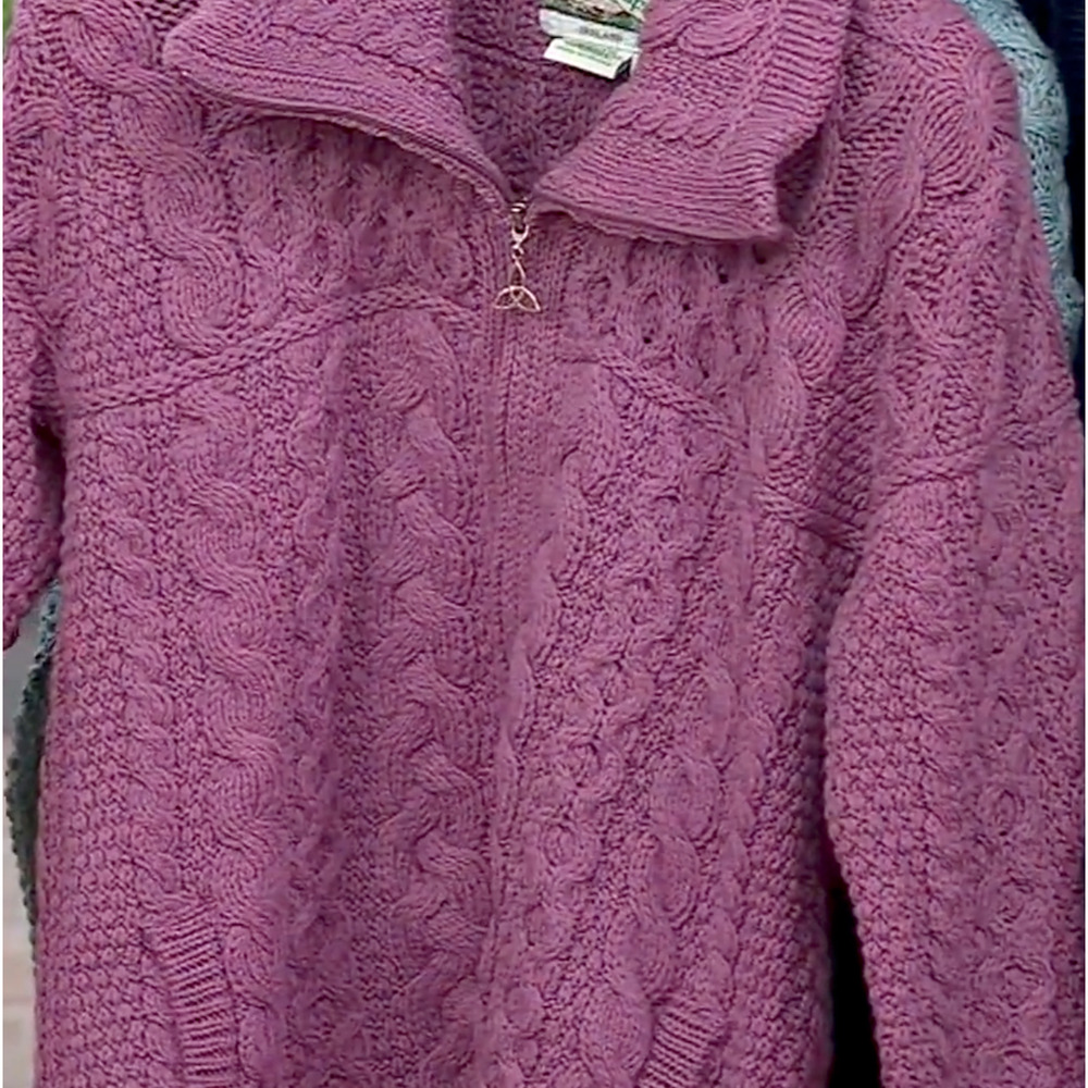 NEW ARAN CRAFTS PLUM MERINO WOOL ZIP FRONT CABLE KNIT CARDIGAN SWEATER COAT XXL - Picture 14 of 16